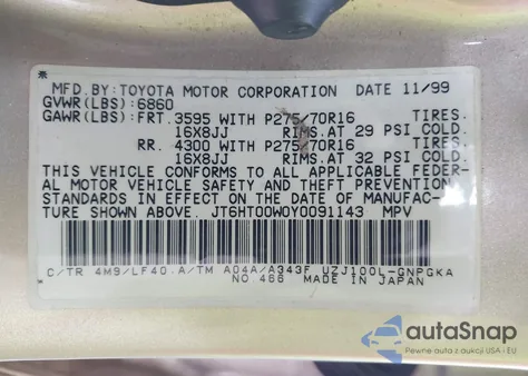 2000 Lexus Lx 470 from USA, damaged, VIN JT6HT00W0Y0091143